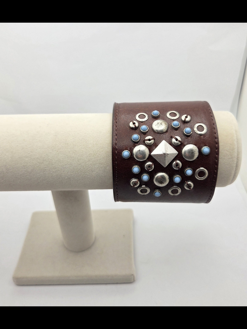 Nine West Vintage America Leather Cuff Bracelet Studs Light Blue Beads